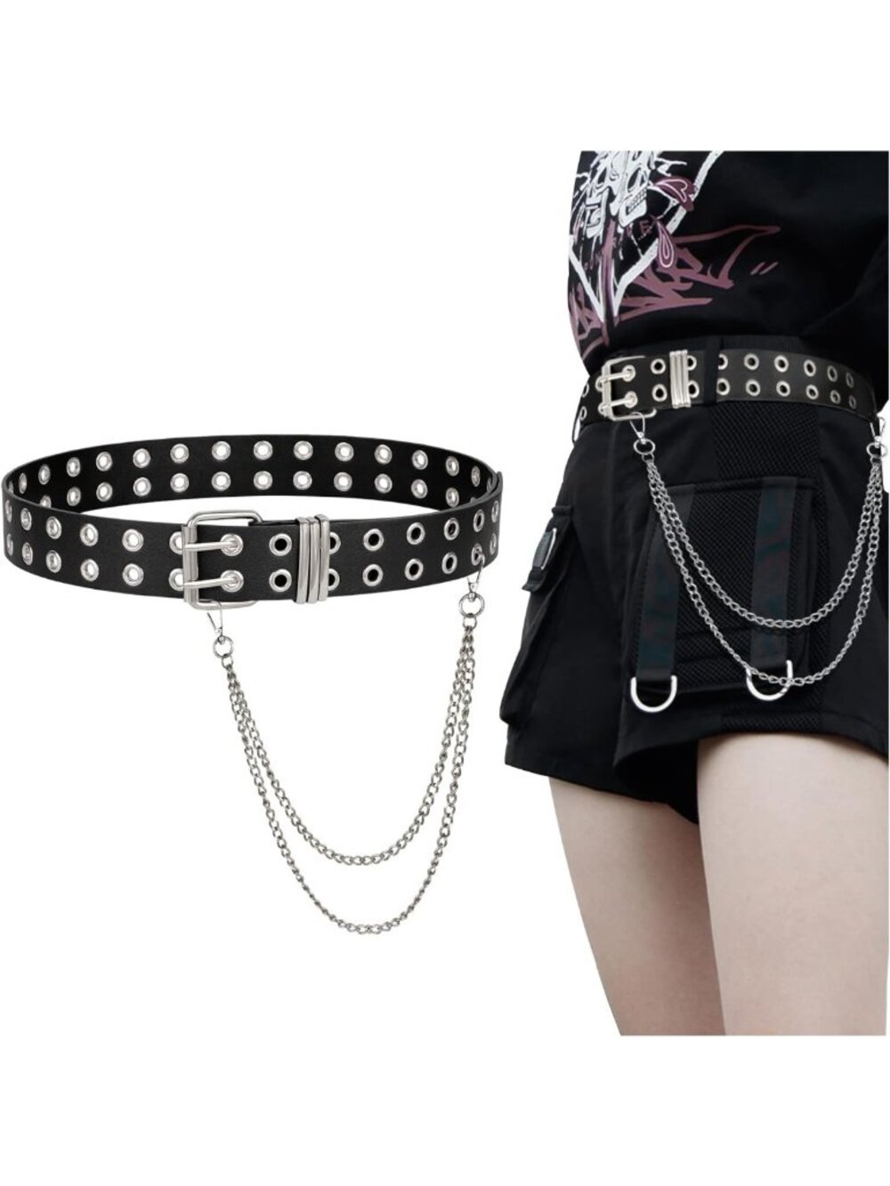 Punk Rock Grommet Leather Belt with Detachable Chain for Men & Women - Stylish